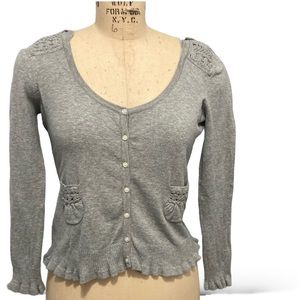 Anthropologie Moth Feminine Peblum Ruffle Cardigan with Hoodie Grey Medi…